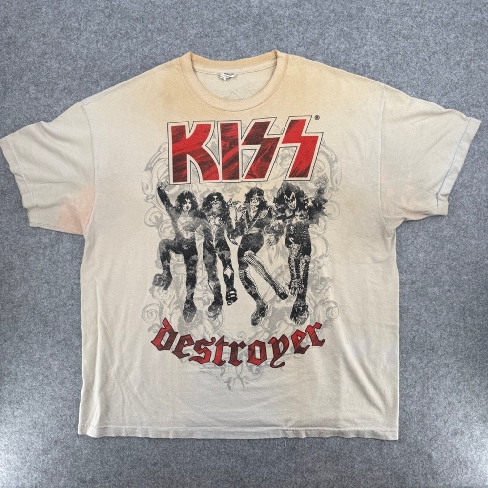 Vintage KISS Destroyer Tan Graphic Rock Band Tee Alstyle T-Shirt Mens 2XL
